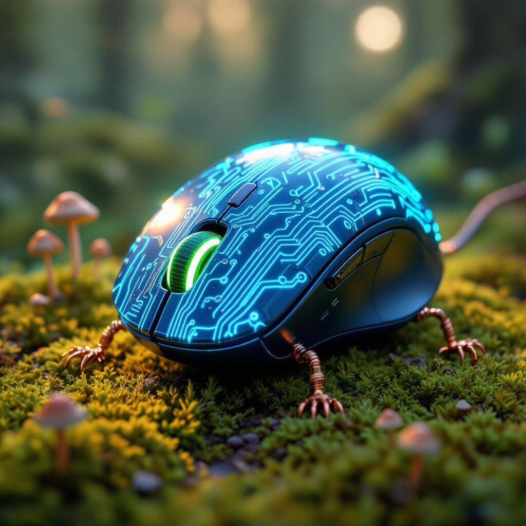 Anthropomorphic Mouse with Circuitry in Enchanted Forest