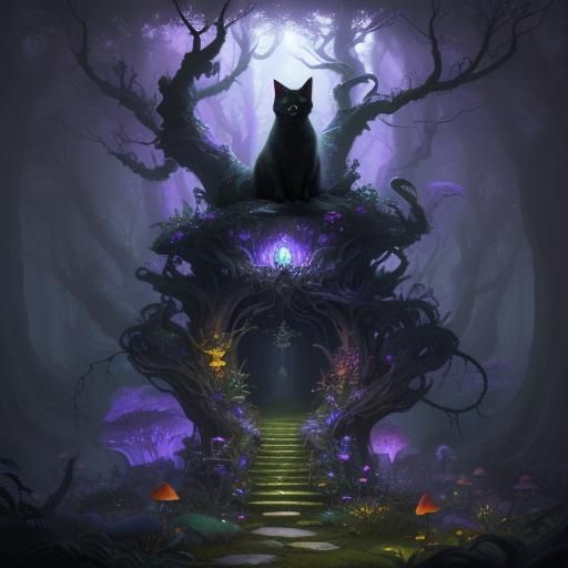Mystical Forest Cat in Dark Fantasy Style