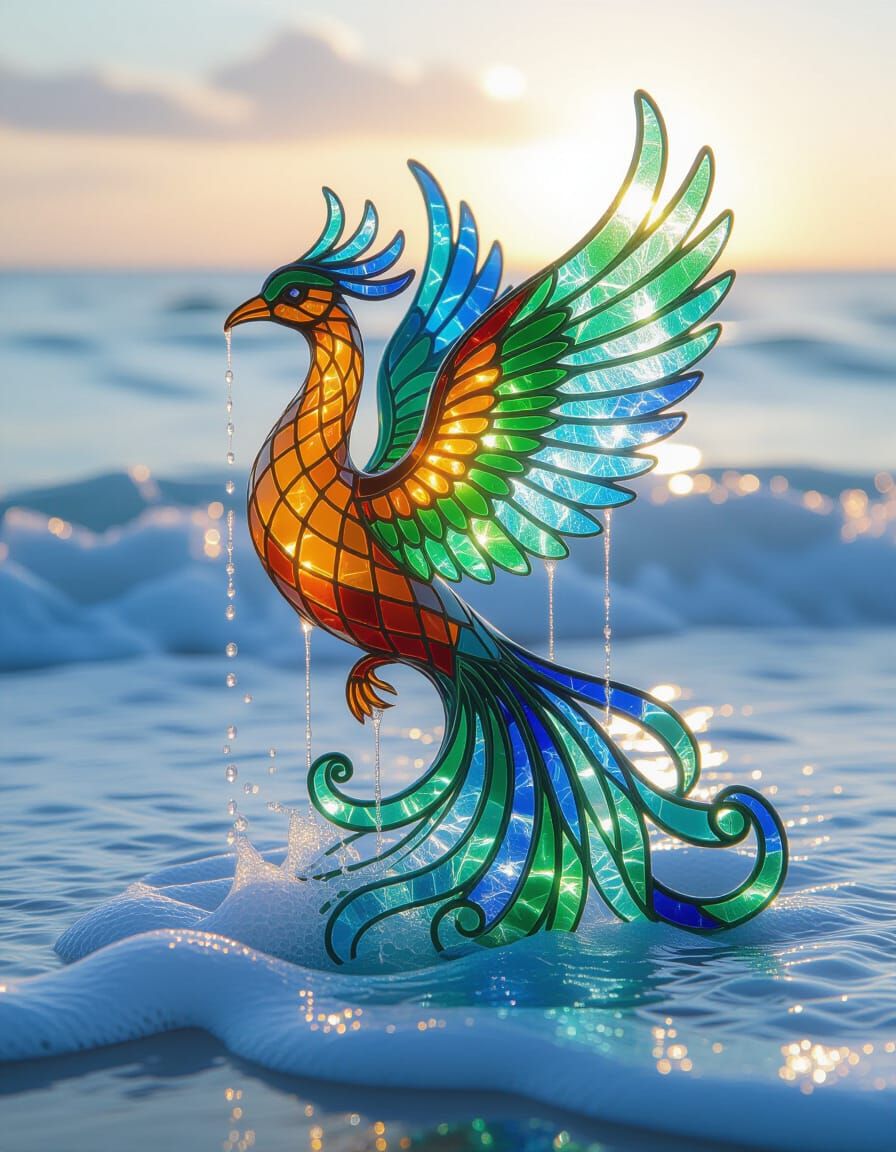 Phoenix of Sea Glass Rises From Ocean Surf