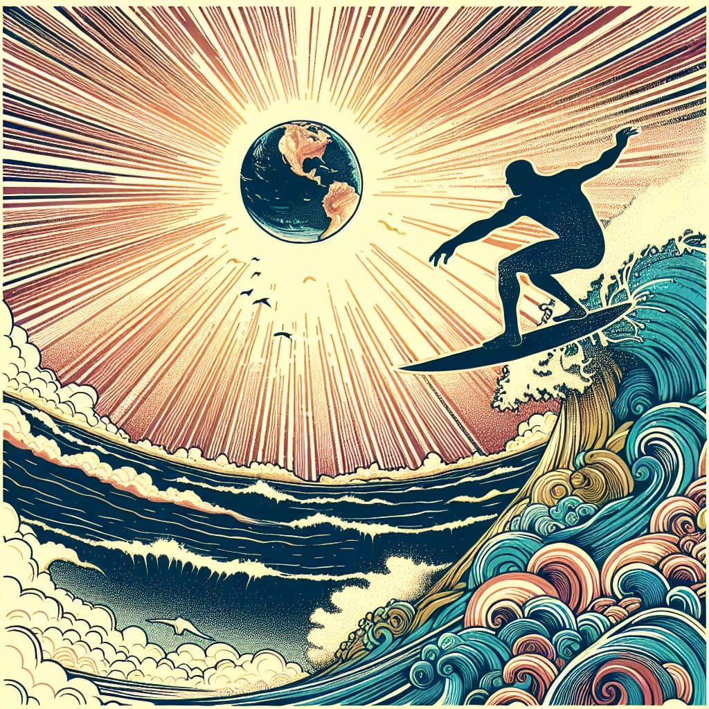 Surfer Rides Wave in Ink Wash Style