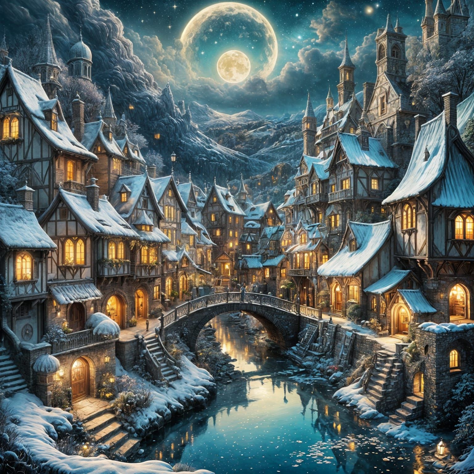 Enchanting Village Under Glittering Moonlit Skies