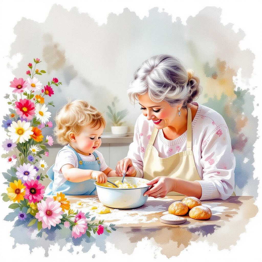 Ethereal Watercolour of Siblings Baking with Nana