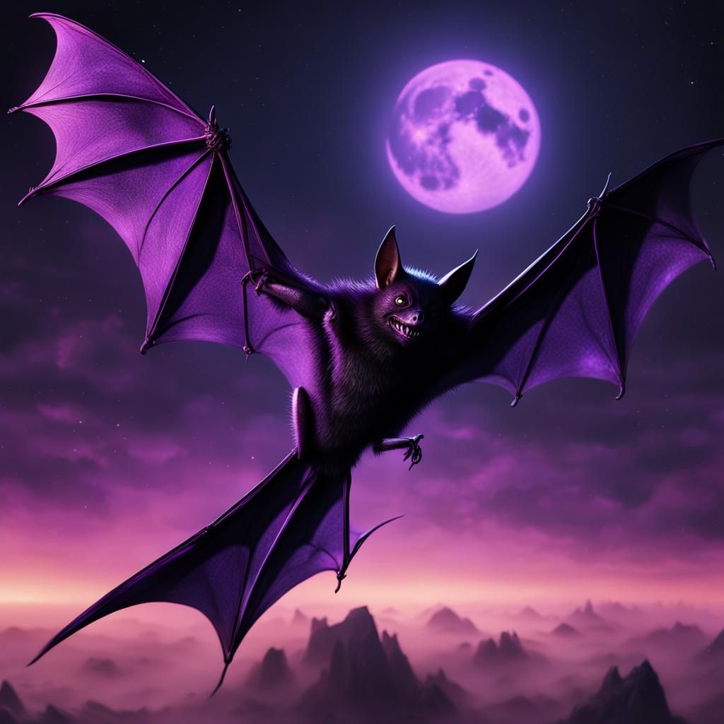 Glowing Purple Bat in Moonlit Sky