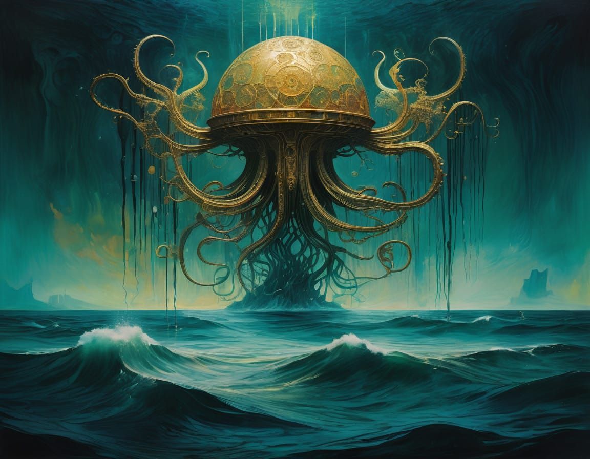 Golden Metatron Angel Glides Through Cosmic Oceanic Abstract...