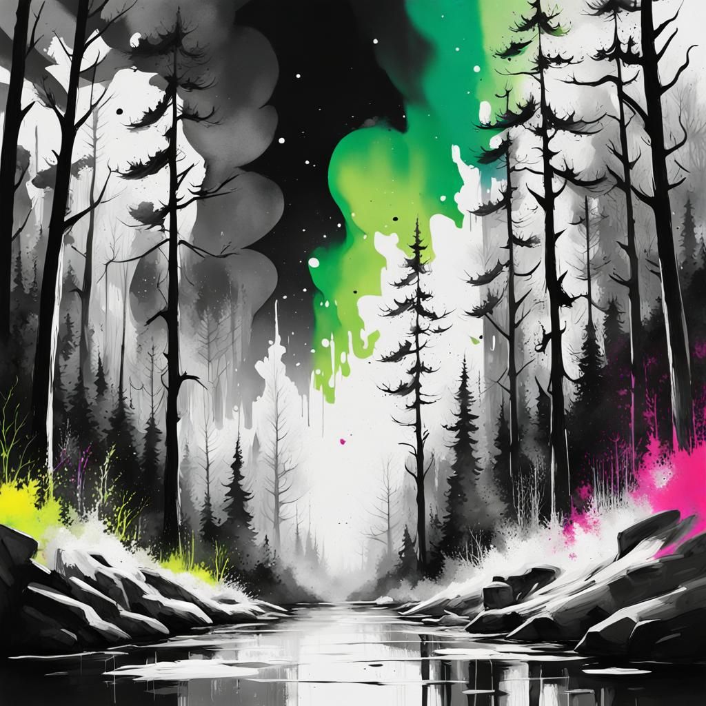 Northern Lights Over Black and White Forest in Graffiti Art