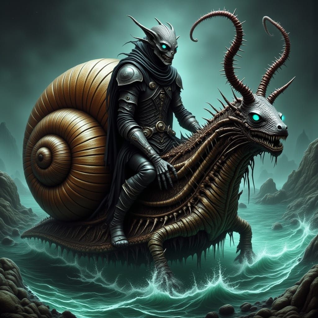 Dark Elf Drow Warrior Rides Twisted Water Snail Beast