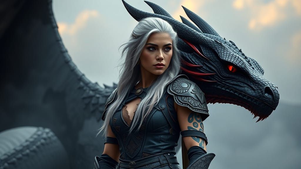 Regal Warrior Goddess with Majestic Dragon Companion in Anci...