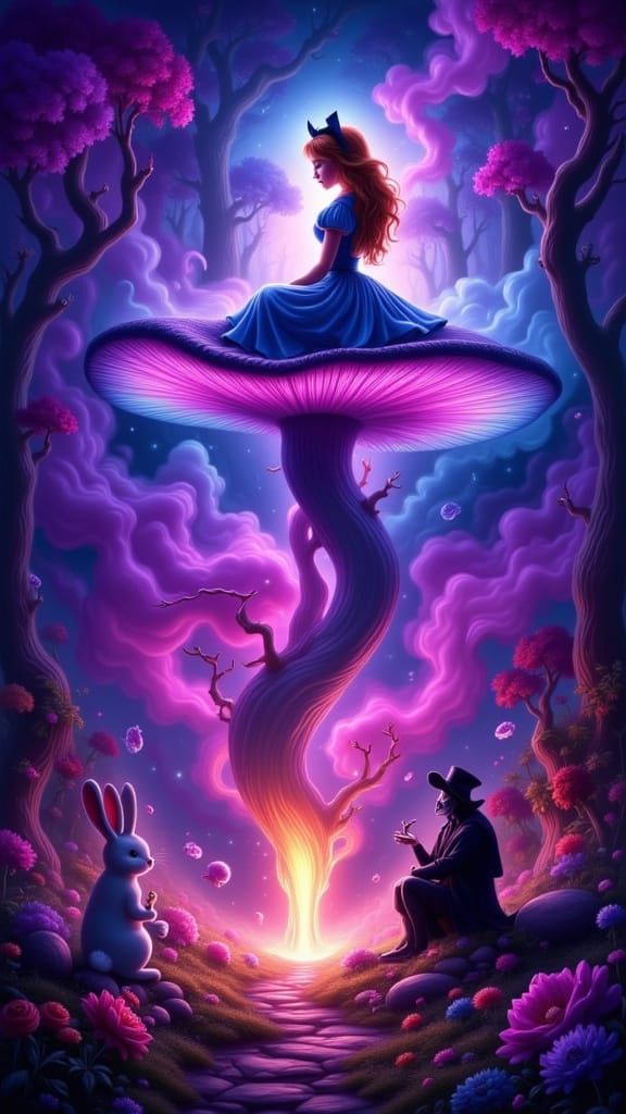Alice in Wonderland with Surreal Companions in Psychedelic S...