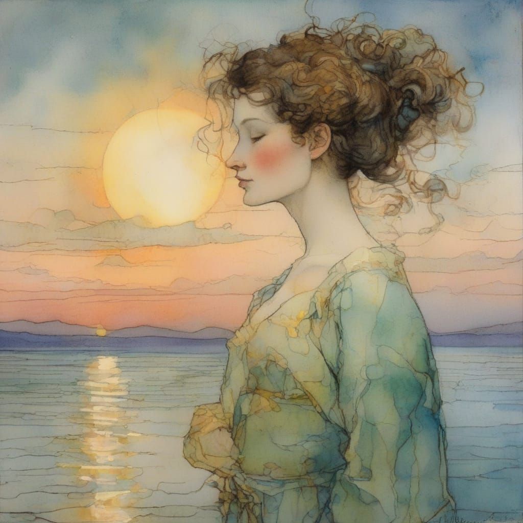 Woman in Soft Aqua and Blue at Sunset