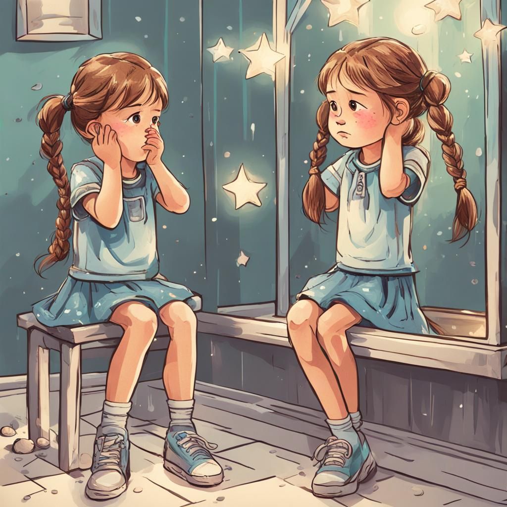 Sorrowful Girl Reflecting on Younger Self in Mirror