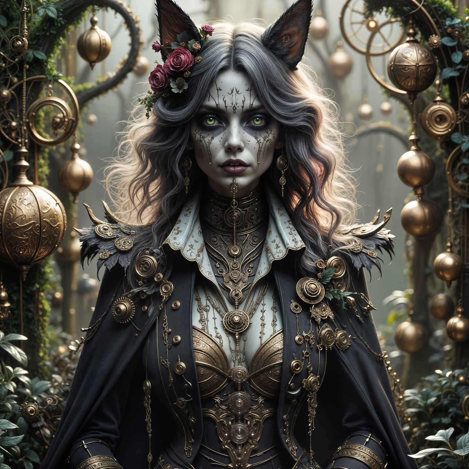 Steampunk Cheshire Cat with Mechanical Grin and Glowing Rune...