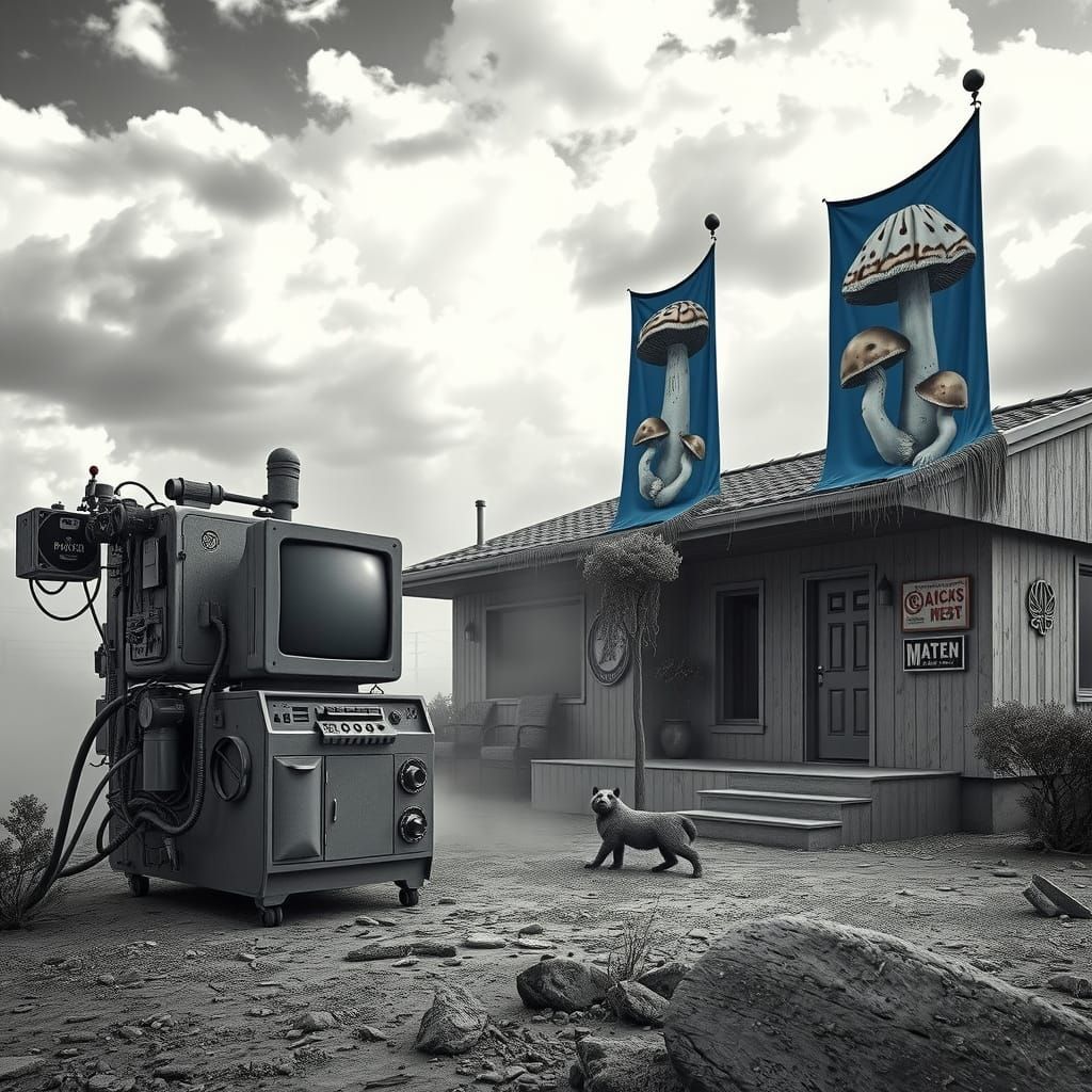 Surreal Mushroom-Themed Computer in Dreamlike Black and Whit...