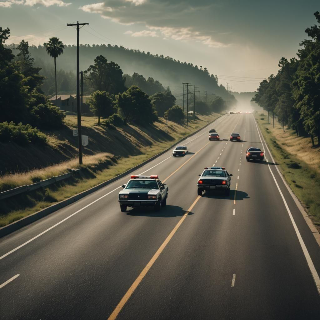 Cops Racing Down Desert Highway in Cinematic Film Still