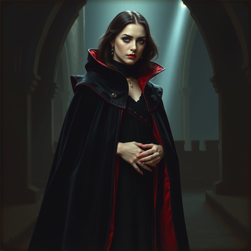 Ethereal Vampire Countess in Gothic Crypt, Resplendent in Bl...