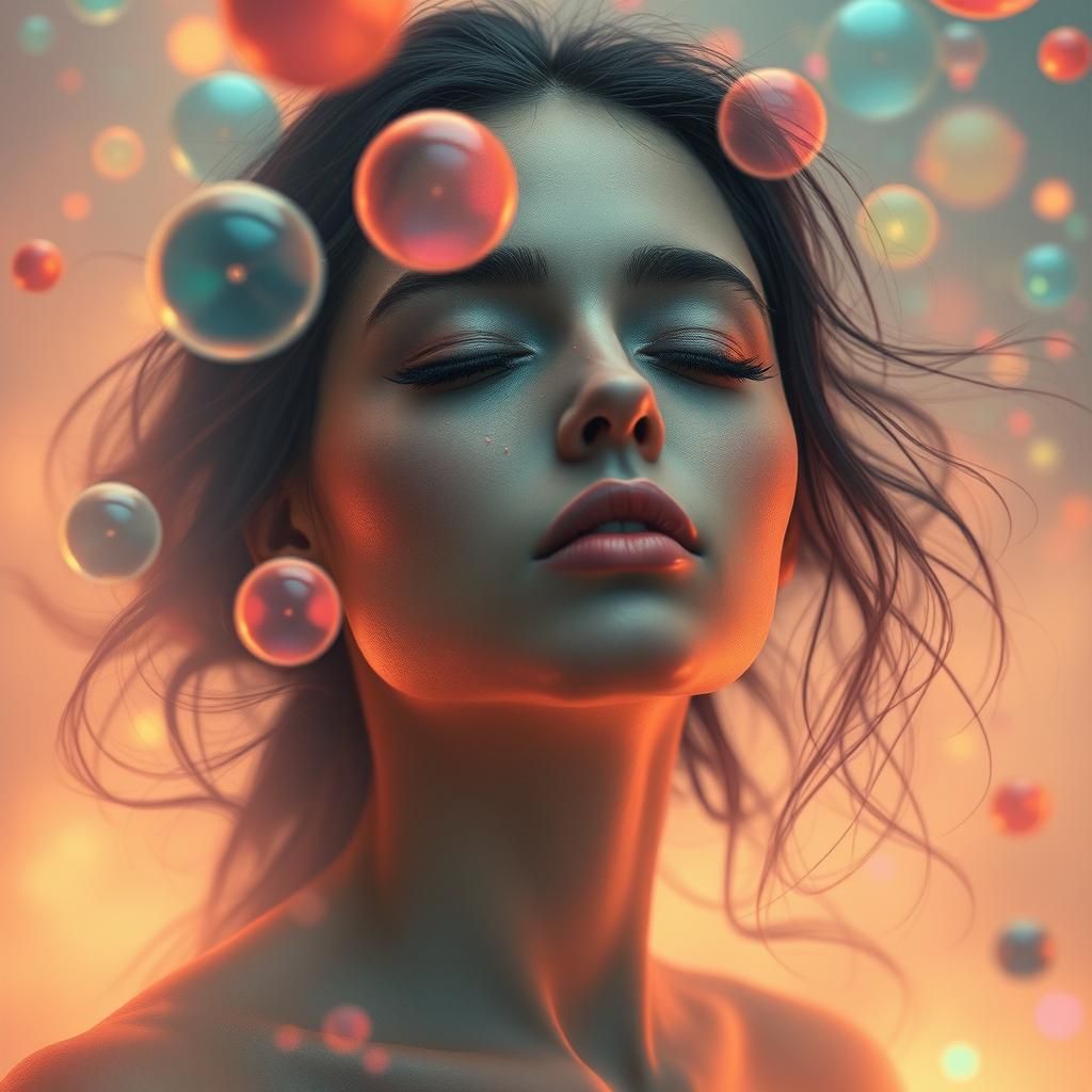Dreamlike Woman Surrounded by Orbs in Futuristic Surrealism