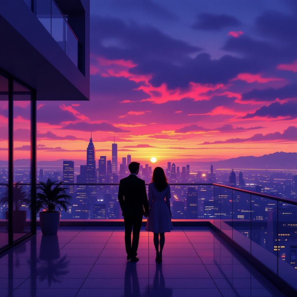 Minimalist Balcony Overlooking Futuristic Cityscape at Dusk