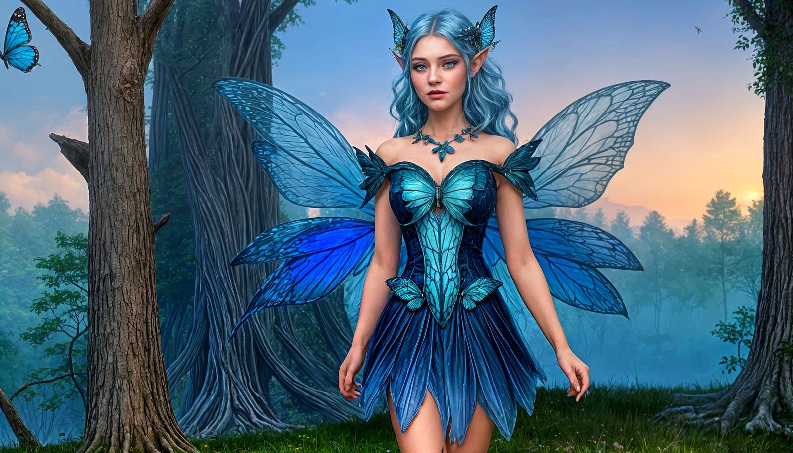 Elven Woman with Butterfly Wings in Lush Forest