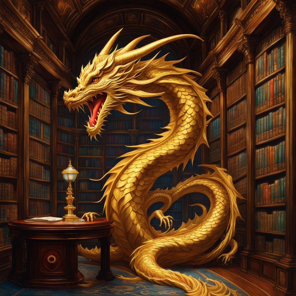 Golden Dragon in Library, Waterhouse Style