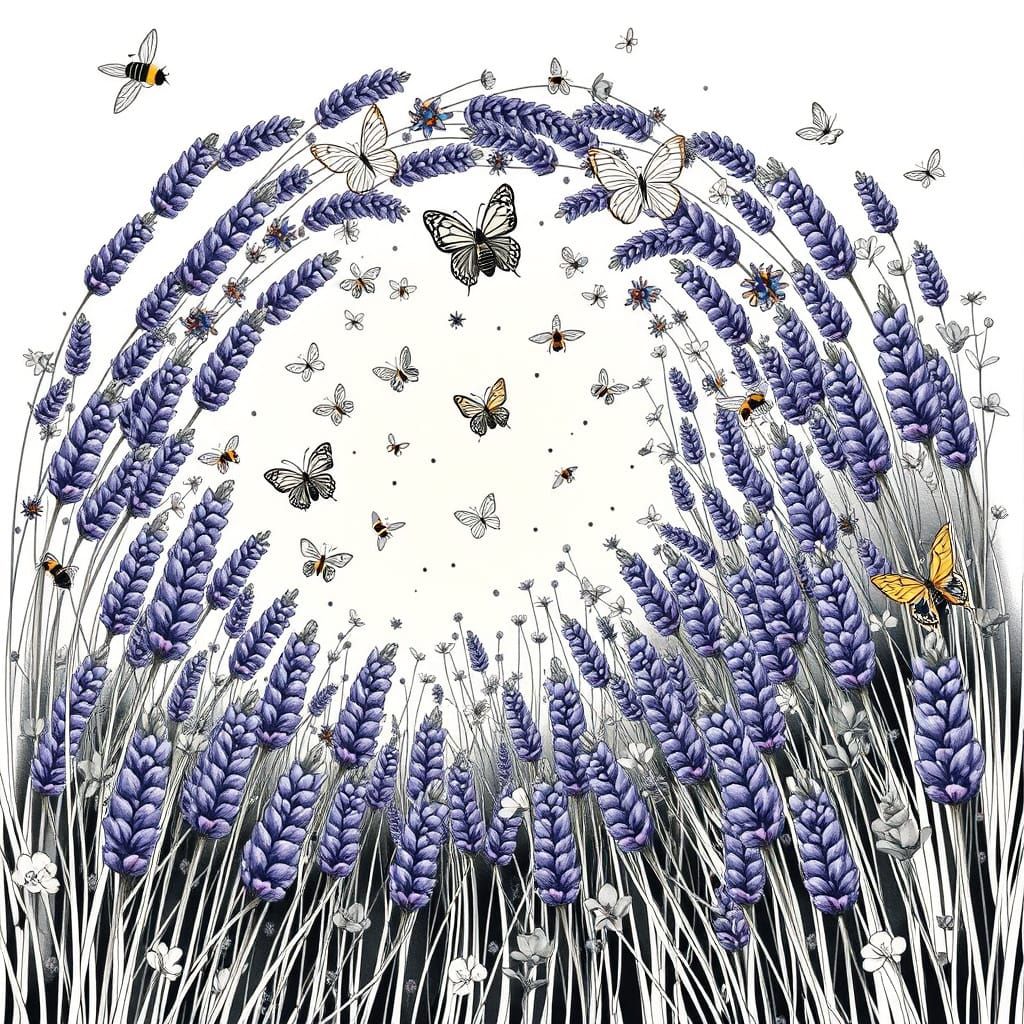 Whimsical Black and White Lavender Field Spiral