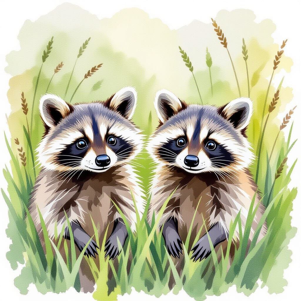 Adorable Raccoons in Watercolor Style