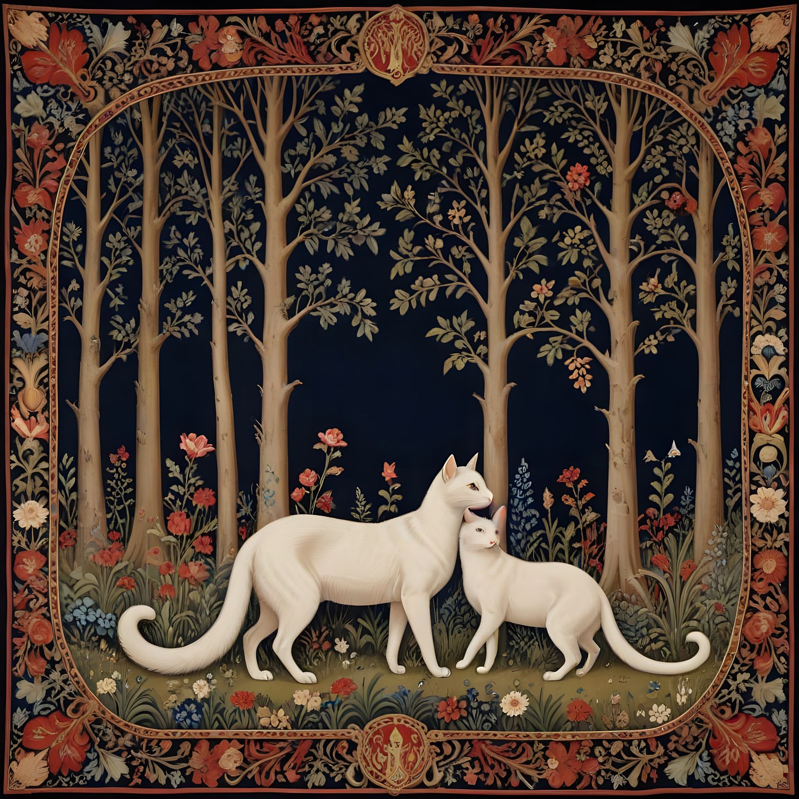 Cats Touch Noses in Medieval Tapestry Style