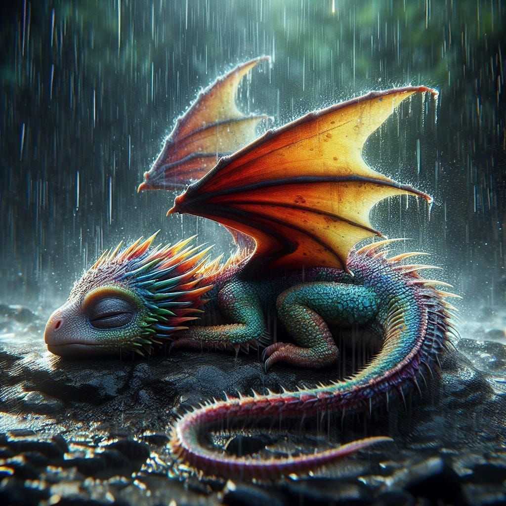 A Sleeping Baby Dragon in the Rain