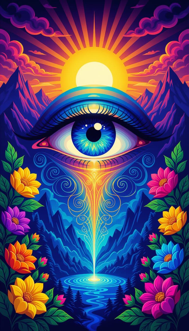 Psychedelic Eye Artwork with Swirling Patterns and Mountains