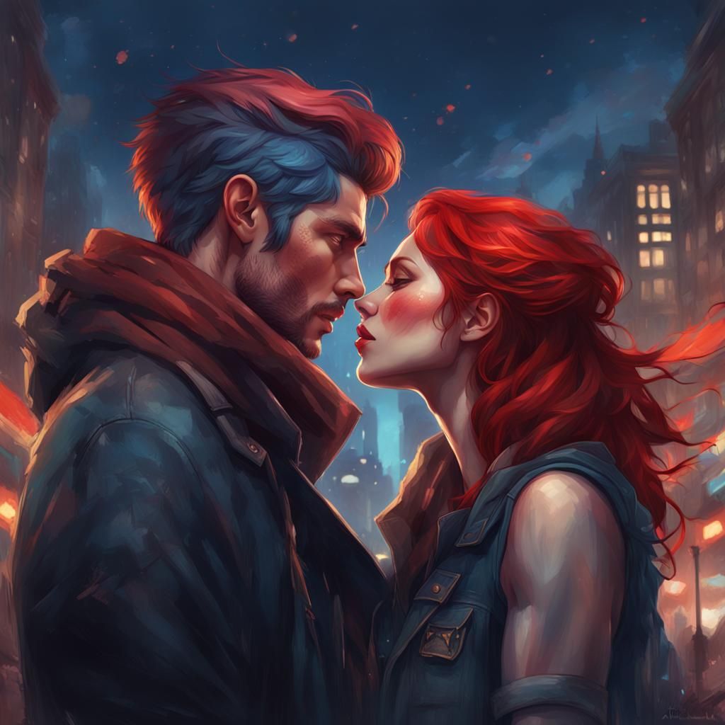 Sensual Couple Kissing in Moonlit City, Hyperdetailed Art