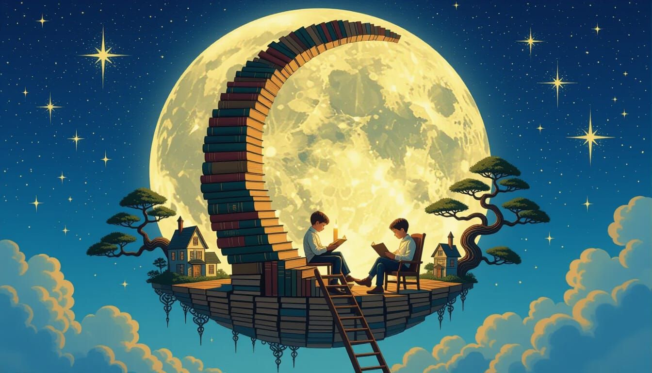 Enchanted Lunar Library: A Surreal Fairytale Scene