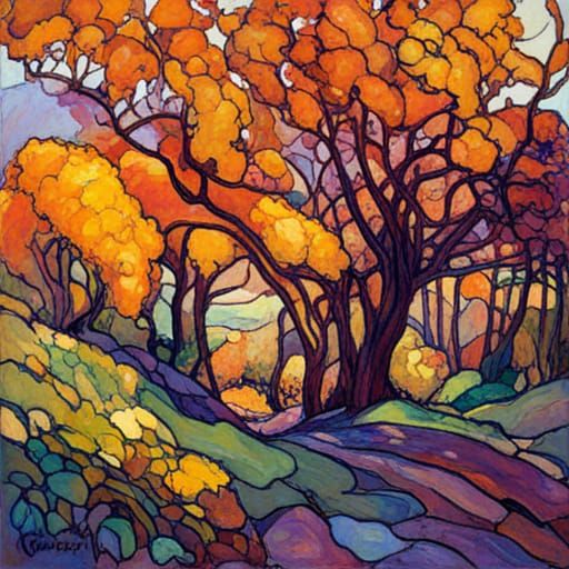 Luminous Landscape in Stained Glass Impasto Style