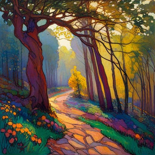 Colorful Landscape in Stained Glass Impasto Style