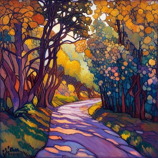 Stained Glass Landscape in Impressionist Style