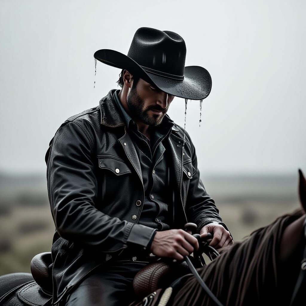 19th Century Cowboy in Spring Rain, Cinematic Photo
