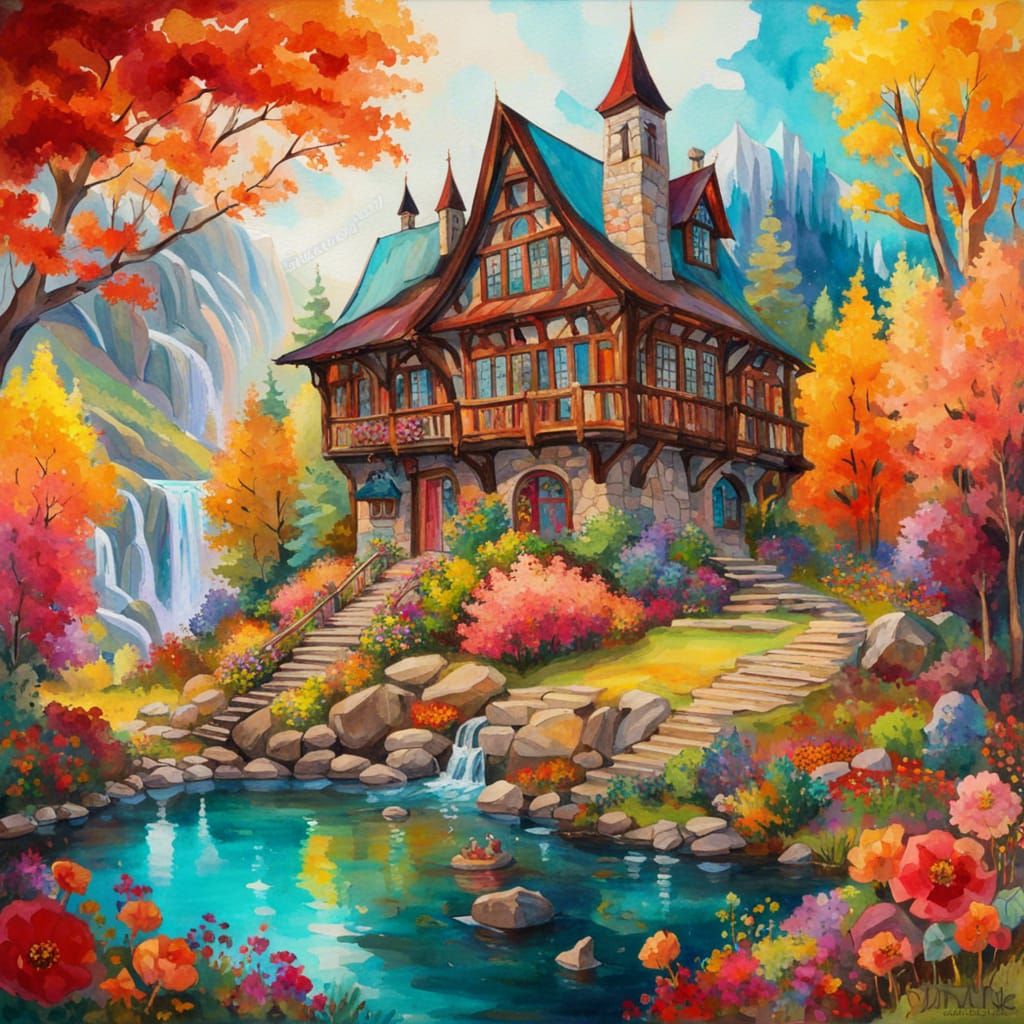 Cosmic Tudor Cottage in Gouache Watercolor Style