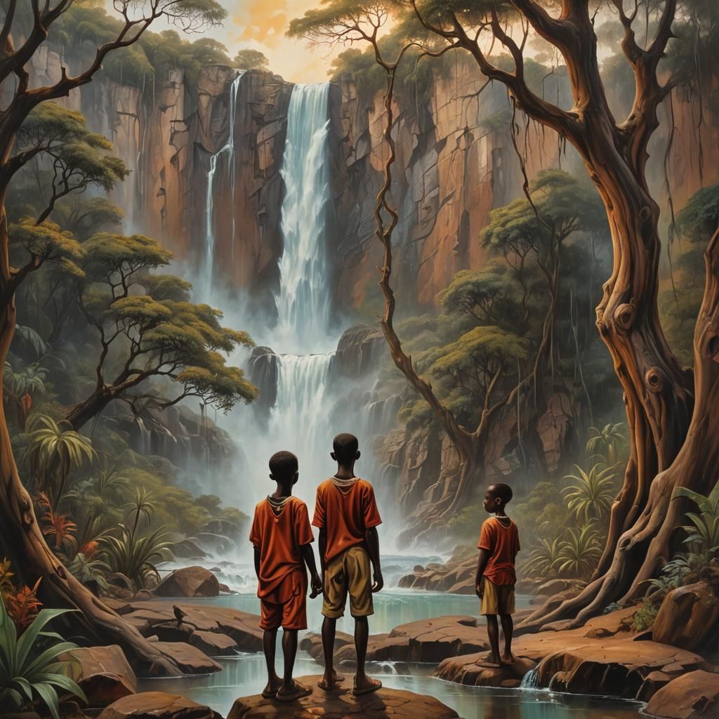 Dreamlike Waterfall Scene in Surreal Oil Painting