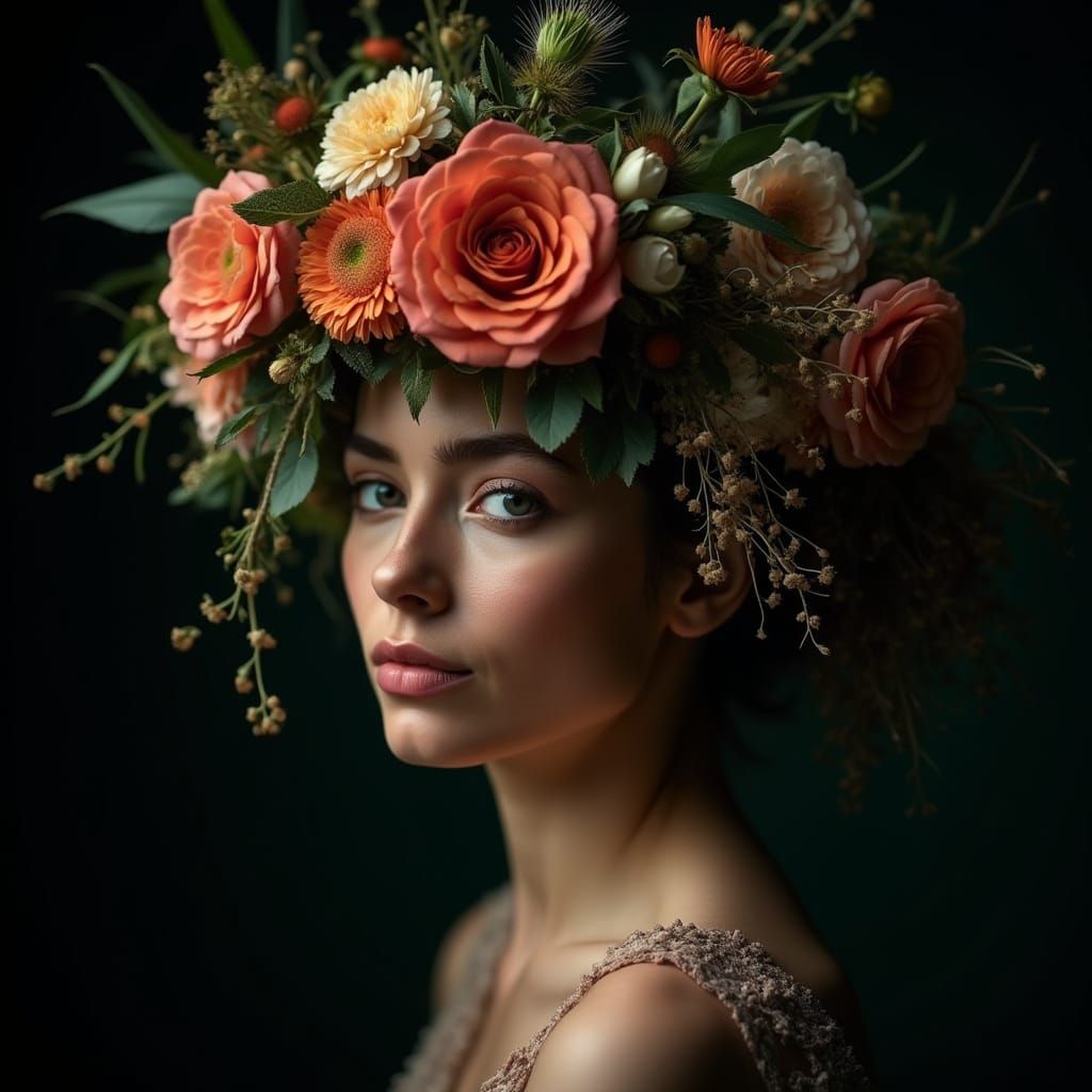 Dramatic Floral Portrait of Woman with Elaborate Headdress