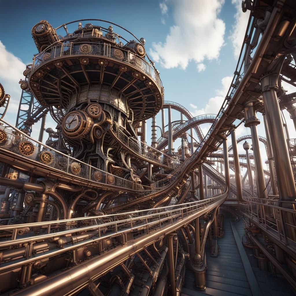 Steampunk Theme Park with Giant Roller Coaster
