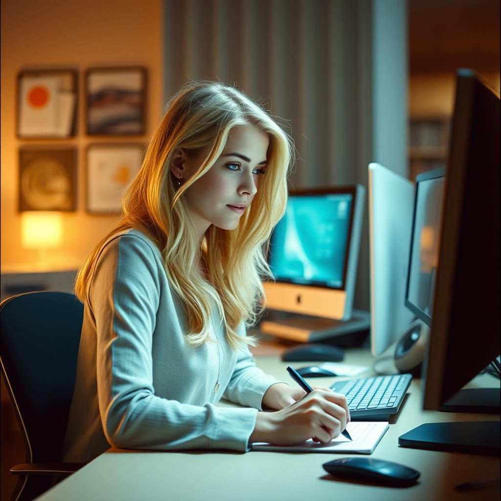 Blond Woman Typing Away in Cinematic Film Still