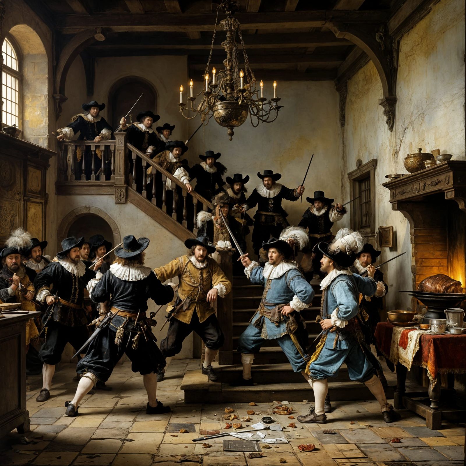 Baroque Tavern Brawl: Musketeers Fight in Oil Painting