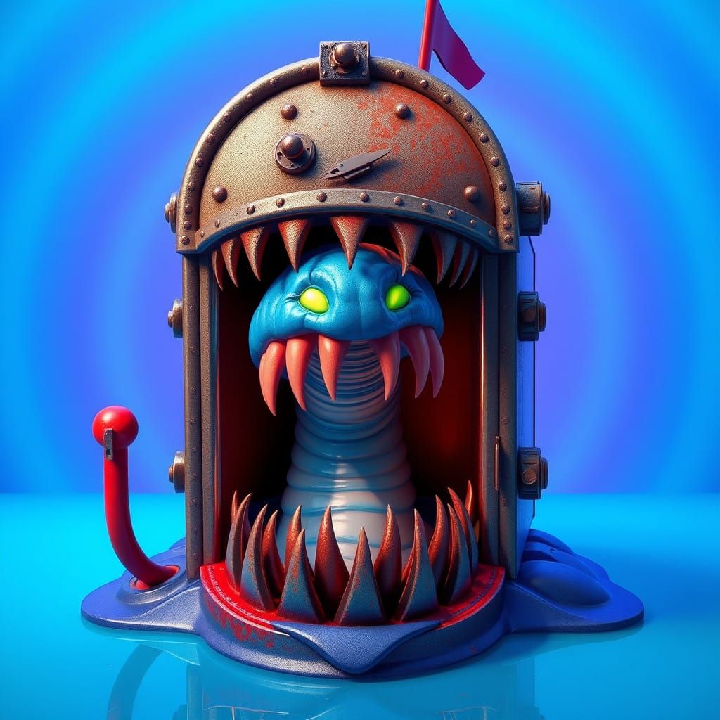 Menacing Mailbox with Electric Blue Worm in Vibrant, Dark Fa...