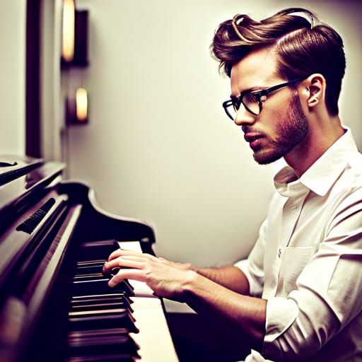 Young Man with Striking Glasses Plays Piano