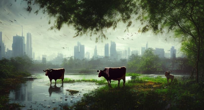 Cows Roam Ruined City: Hyper-Realistic Matte Painting