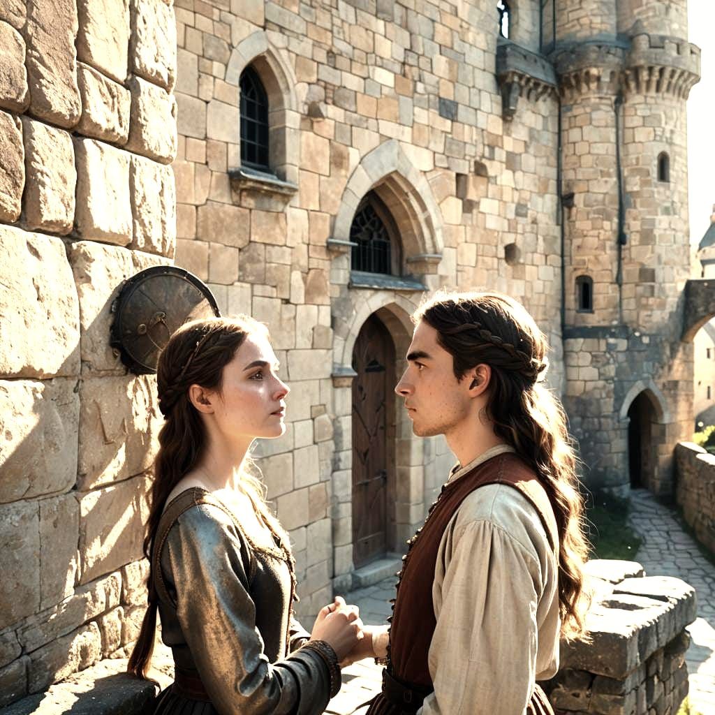 Intense Gaze Between Girl and Medieval Man