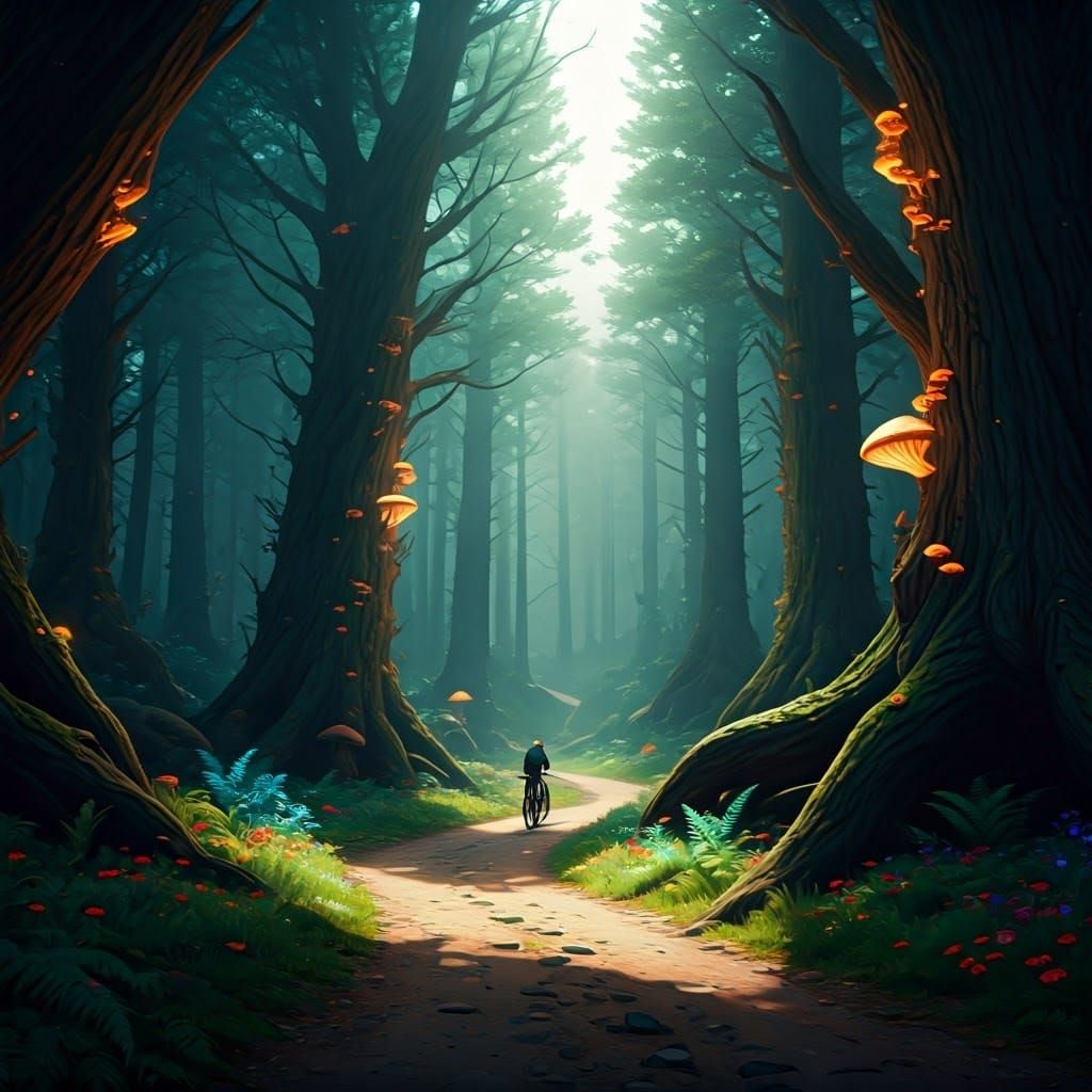 Enchanted Woodland Cycling Adventure in Whimsical Art Style