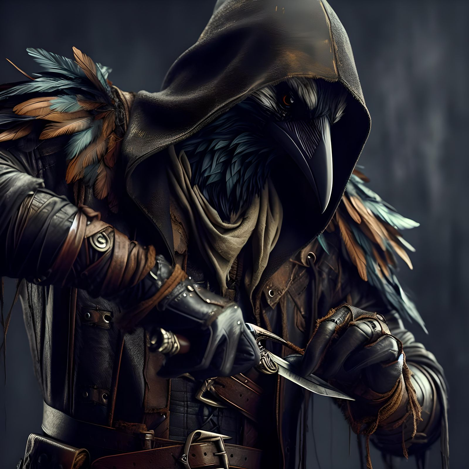 Kenku Bard Unsheathing Dagger: Detailed Digital Matte Painti...