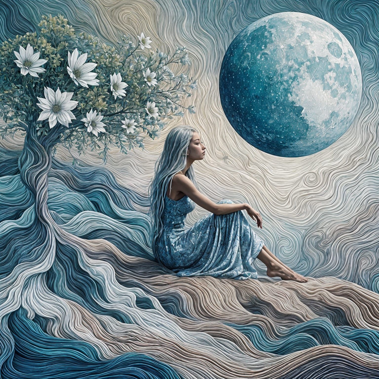 A Woman Contemplates the Moon in a Dreamlike Landscape
