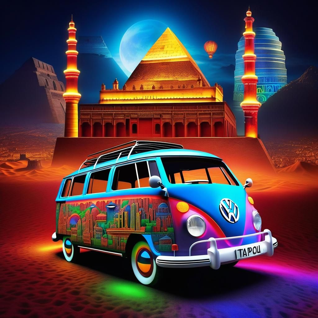 Surreal Travel: Neon VW on Antique World Map