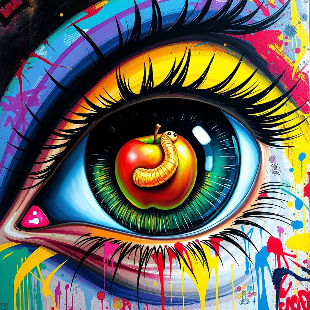 Gigantic Eye with Worm in Apple Pupil, Vibrant Street Art