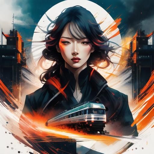 Double Exposure Portrait of Girl with Rainbow Train