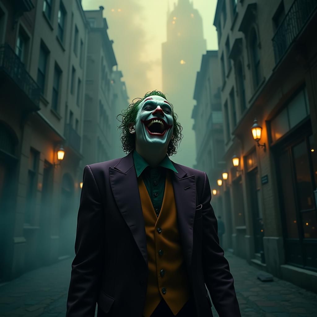 The Joker Laughing in Gothic Gotham, Hyper-realistic